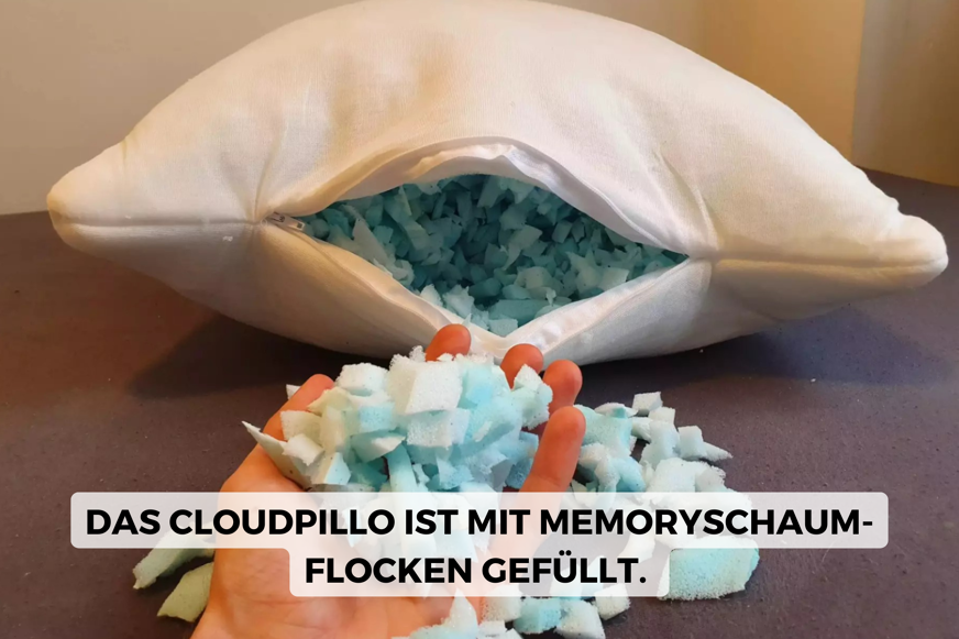 Cloupillo geöffnet mit Memoryschaum-Flocken in der Hand
